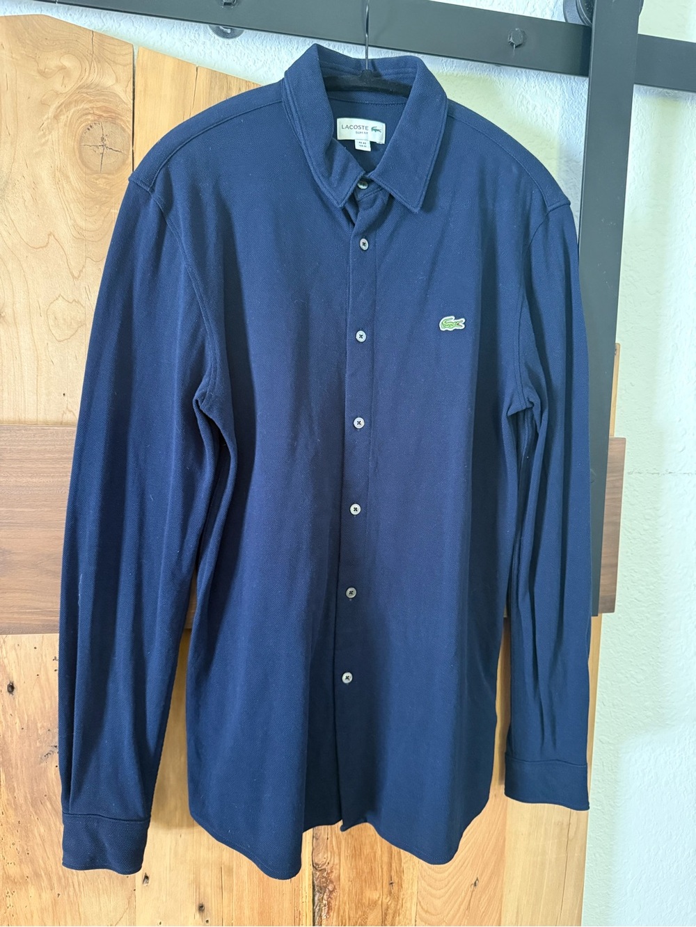 Lacoste Navy Long-Sleeve Casual Button-Down Shirt with Crocodile Logo